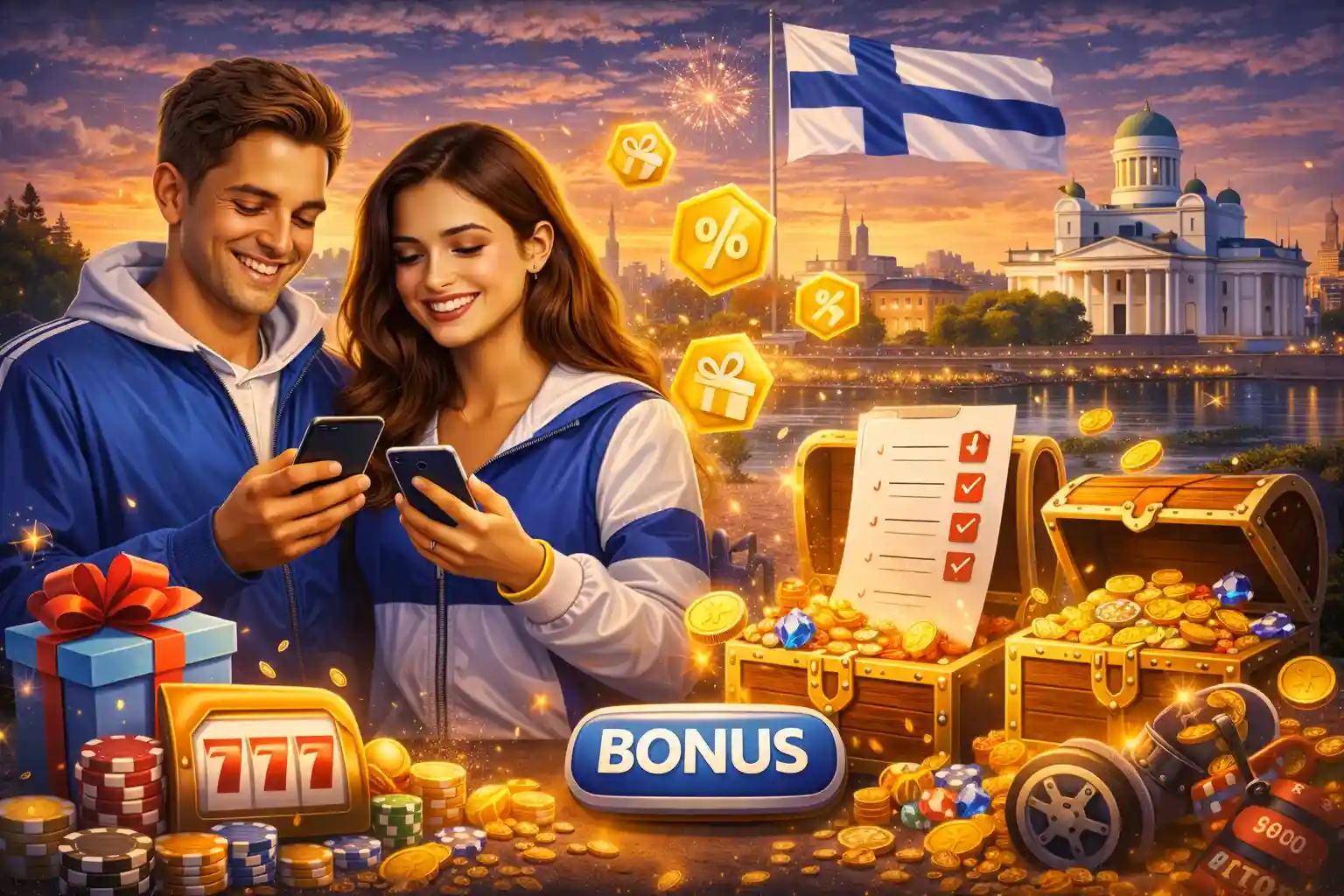 Suomalainen pari tarkistaa kasinobonukset mobiilissa