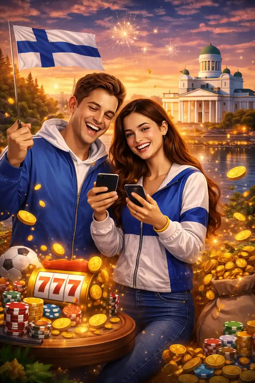 Hymyilevä pari ja kolikkopeli Suomen lipun alla iltataivaalla