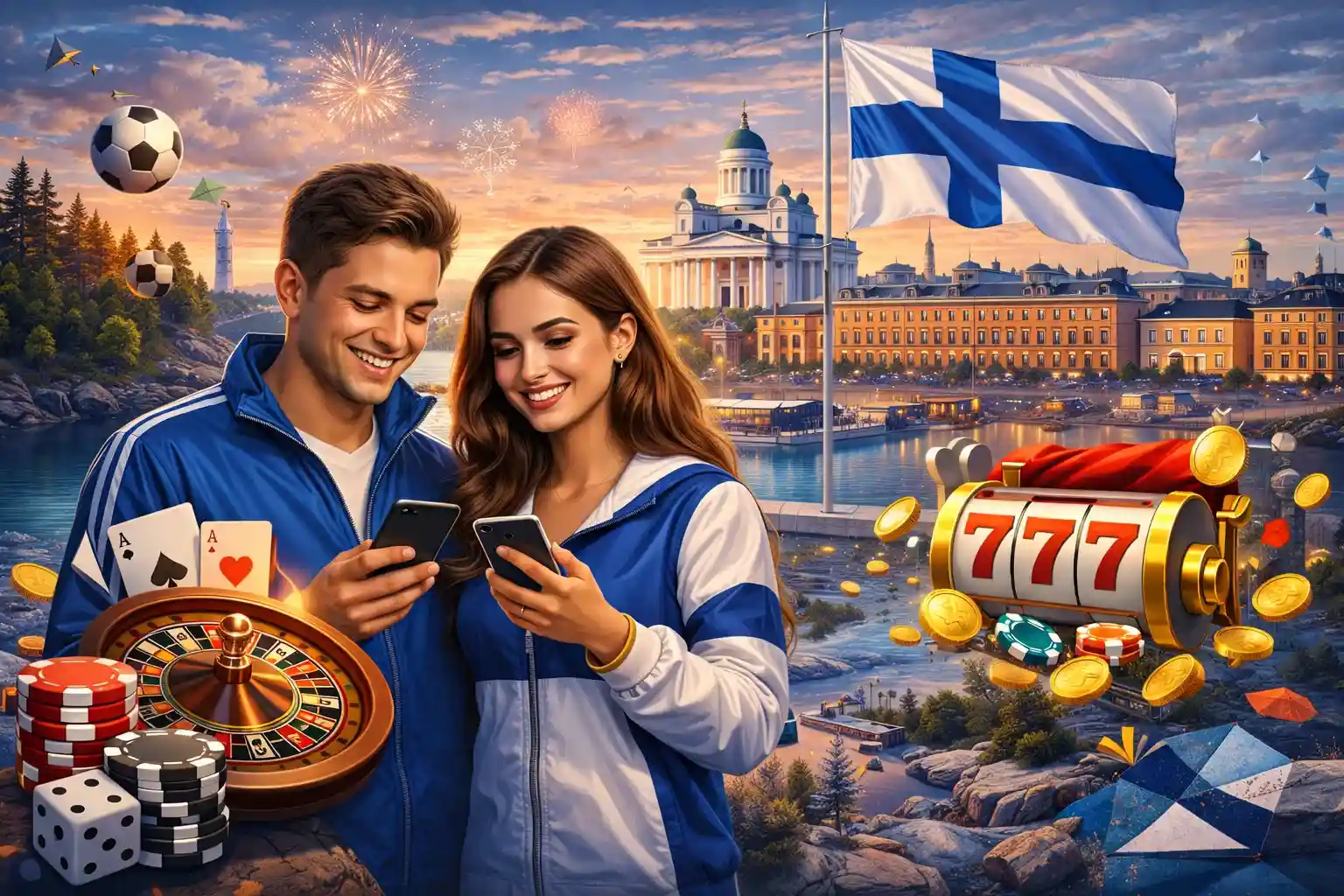 Suomalainen pariskunta pelaa mobiilikasinolla Helsingin maisemissa