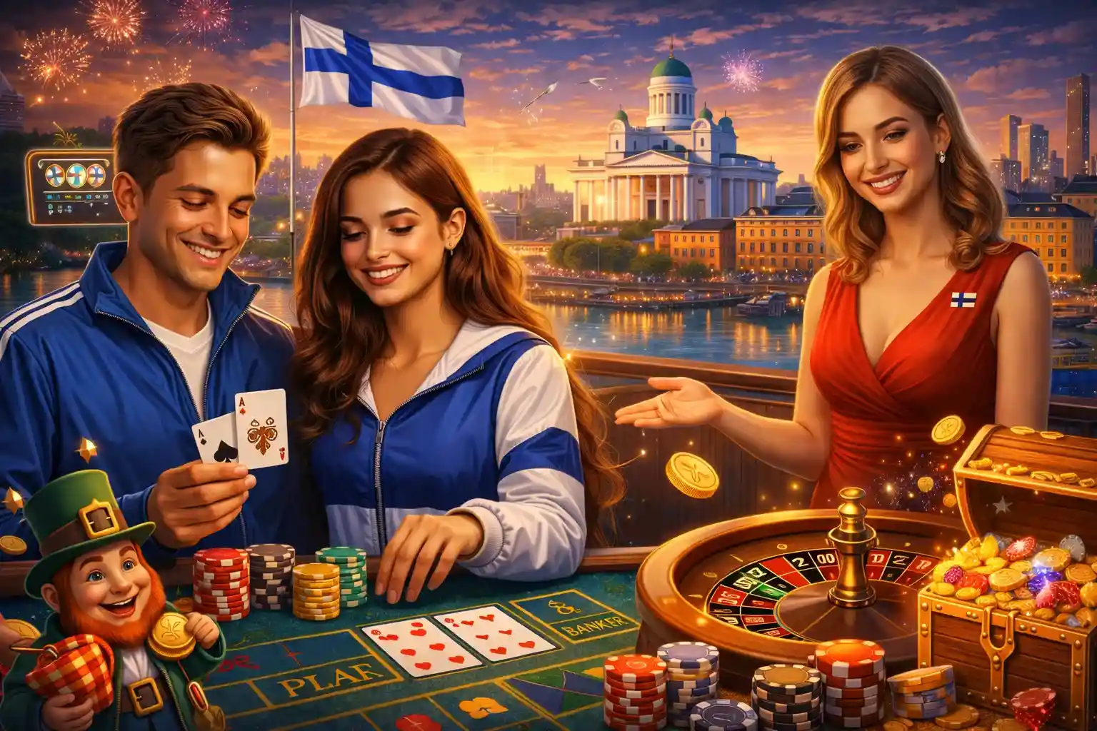 Pariskunta live-kasinopöydässä Helsingin taustalla