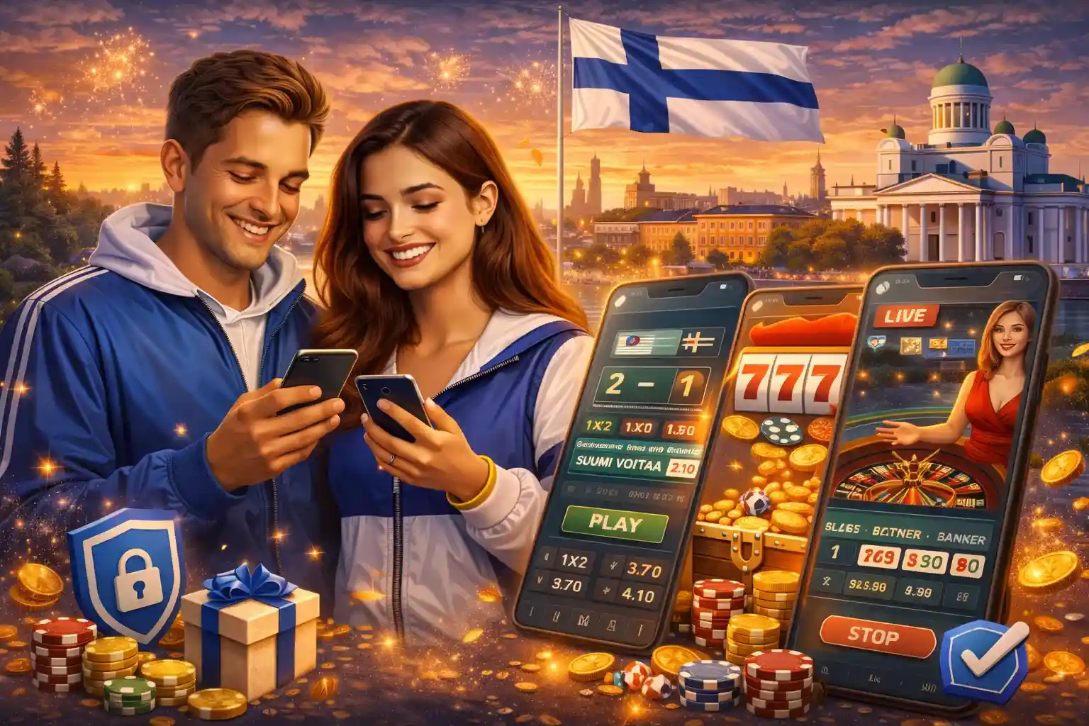 Suomalainen pari käyttää mobiilikasino sovellusta turvallisesti