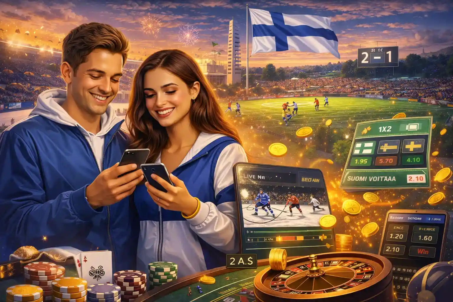 Suomalainen pari asettaa urheiluvedonlyöntiä mobiilissa stadionin taustalla